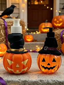 1pc Halloween Pumpkin Shaped Dispenser Bottle 350ml Jack-O'-Lantern With Witch Hat Design, Shampoo Body Wash Hand Soap Universal Storage Empty Bottle, Halloween Bathroom Decor Gift Container, Halloween Gift, Refillable - Orange - View 9