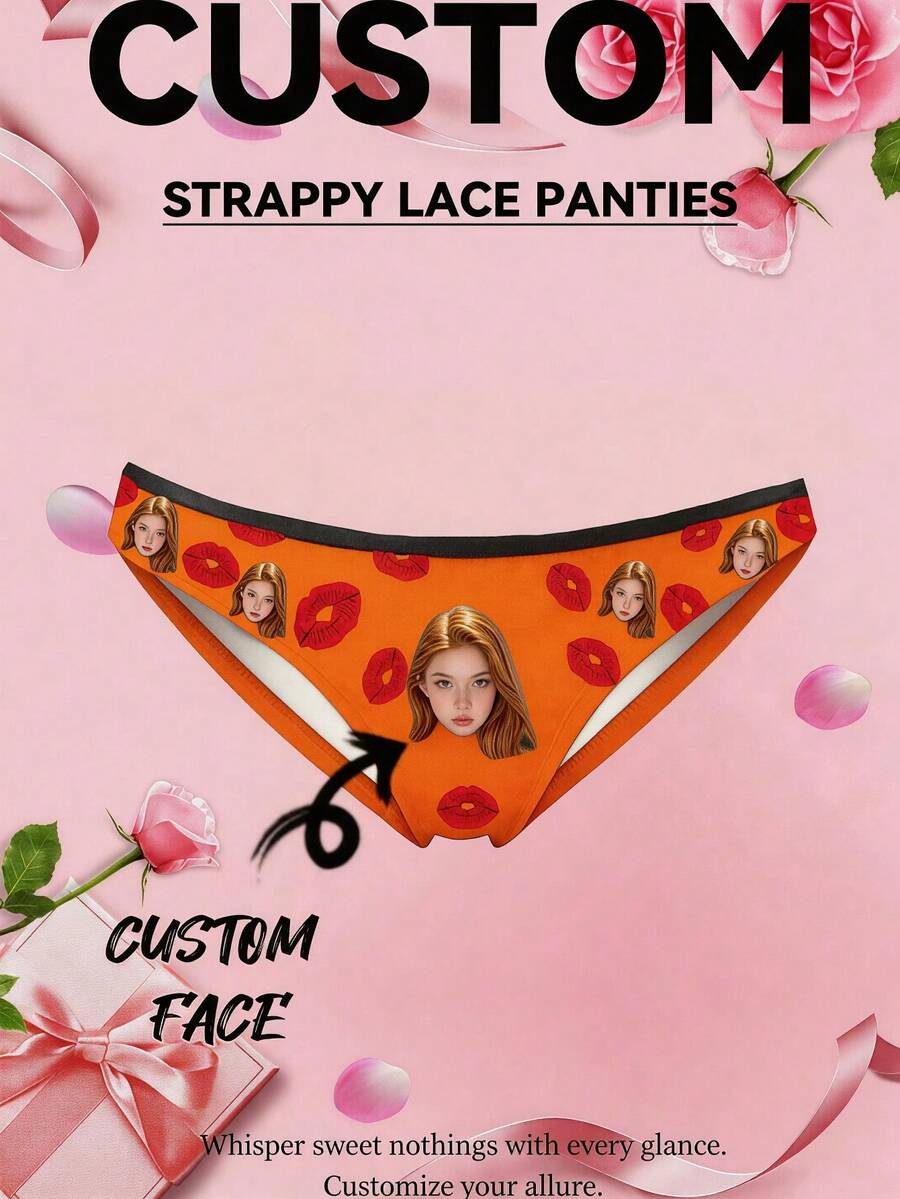Custom Face Women Strappy Lace Panties, Personalized Photo Print Ladies Underwear, Red Lip Kiss Pattern Lace Briefs,Novelty Romantic Gag Gift For Her - Orange - View 1