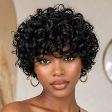 AMECIRE Black Curly Wig Short Hair Wig Pixie Cut Wig Human Hair Wig Wigs For Ladies With Bangs Fluffy Shape Suitable For All People - Natural Black - View 8