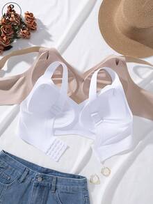 2pcs Jelly Glue Wire-Free Plus Size Bra With Adjustable Wide Strap, Seamless Back Closure With 4-Row Hooks For Enhanced Support And Cup Stability, Suitable For Commuting, Daily Wear, Home, Sports And Multiple Occasions, Plus Size Women's Bra - Multicolor - View 2
