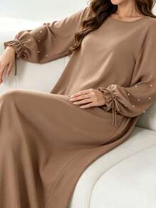 Elegant Double Layer Khimari Long Robe, Pearl Decorated Drawstring Sleeves, Loose Fit Modest Long Dress, Suitable For Middle Eastern Women - Multicolor - View 3