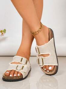 Summer New Casual Style Women's Flat Sandals, Round Toe Open Toe Adjustable Metal Buckle Decor Women's Summer Sandals, Suitable For Travel, Street, Home, Party, Shopping And Other Casual Occasions Women's Beige Sandals, Can Be Matched With Any Outfit Women's Summer Slippers - Beige - View 5