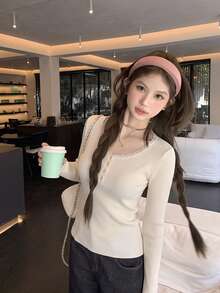Sweater Rajut Lengan Panjang Kancing Patchwork Renda Gaya Minimalis Seksi Musim Gugur/Dingin Hangat Leher Bulat Lengan Panjang untuk Wanita Desain One-Piece Musim Gugur - Aprikot - View 2