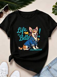 Chihuahua Print T-Shirt, Autumn, Crew Neck, Loose Fit, Street Hip-Hop, Comfortable, Unique Graphic Print - Black - View 2