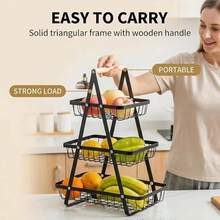2-Tier & 3-Tier Available, Fruit Basket With Wooden Handle, Portable Fruit Bowl, Kitchen Counter Storage Rack, Detachable Rectangular Metal Basket For Fruits, Vegetables, Bread, Snacks, Banana, Home Decor Organizer - Multicolor - View 5