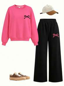 2pcs/Set Girls Sweatshirt & Pants Set, Simple Heart Print, Soft Fabric, Casual & Sweet Outfit - Hot Pink - View 2