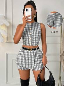 AIJ Women's Elegant Tweed Plaid Sleeveless Button-Up Cropped Top & Skort 2 Pieces Set, Black & Gray Plaid Elegant Office Workplace Date Outfit For Autumn/Winter - Black - View 4