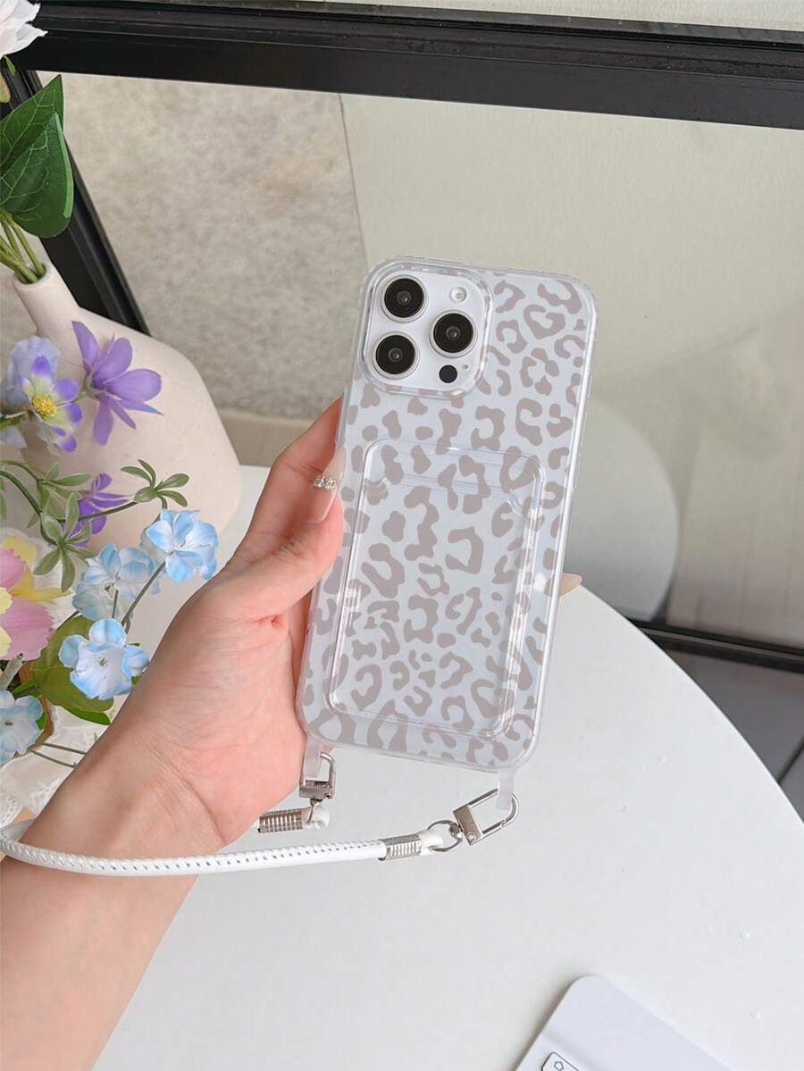 1pc Convenient Large Hole Card Holder Lanyard Cowhide Short Rope Phone Case, Easy To Carry Card Slot/Card Holder TPU Shockproof Protective Shell For Apple 11/12/13/14/15/16/17 Pro Max - Multicolor - View 1