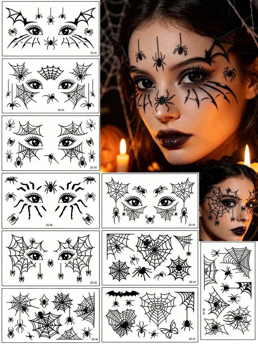10pcs Spider Eye Shadow Tattoos, Featuring Various Spider Web And Spider Designs, Suitable For Areas Around The Eyes, Neck, Arms, Ankles, Etc. Can Be Customized DIY-Style, Perfect As Halloween Gifts For Friends - Black - View 1