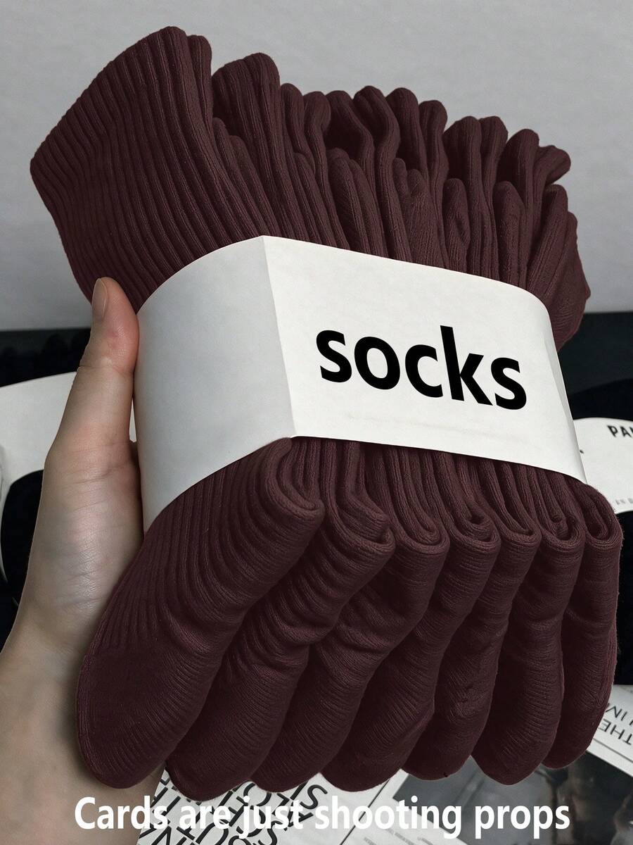 1/3/12/20 Pairs Unisex Solid Color Maillard Brown Comfortable High Elastic Mid-Calf Socks, Suitable For Commuting, All-Season Wear, Moisture-Wicking, Breathable - Rust Brown - View 1