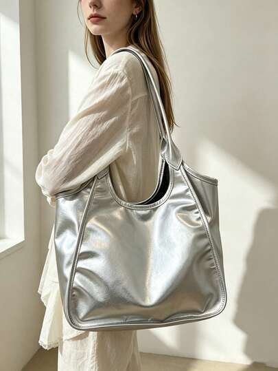 Women's Silver Tote Bag, Large Capacity Cross-Border Bag, Summer New Style, Versatile Fashion One Shoulder Commuter Vintage Casual Tote Bag