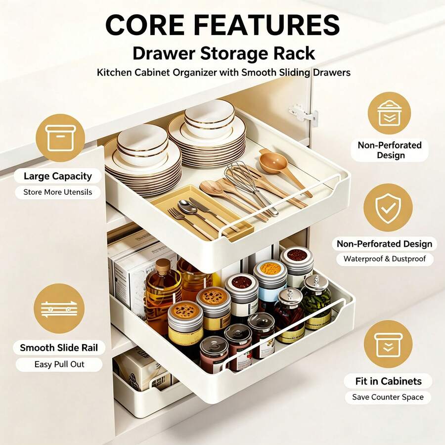 1pc Pull-Out Cabinet Organizer, White Varnished Metal, Large Capacity Single Tier Storage Drawer Rack, Easy Installation, Ideal For Kitchen, Living Room, Bathroom Home Organization - White - View 1
