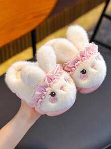 1 Pair Cute Rabbit Kids Fuzzy Slippers, Girls' Closed-Back Warm Winter Cartoon Non-Slip Indoor Baby Plush Shoes - White - View 2