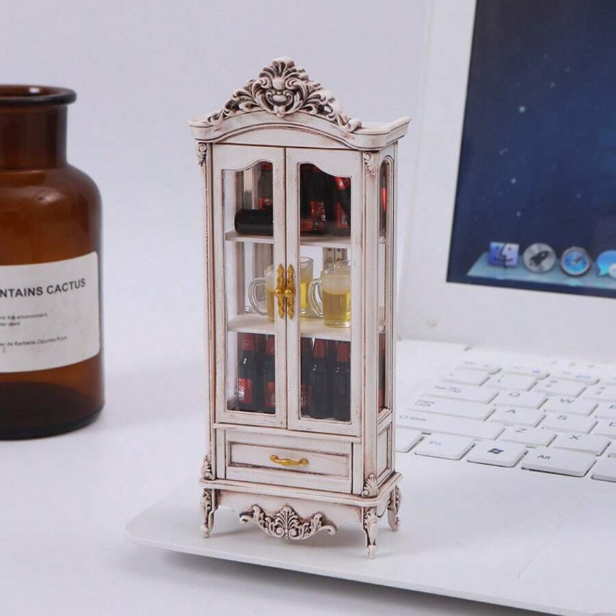 Ivory White Vintage Mini Wine Cabinet - Elegant Mini House Storage Rack With Arched Top, - Ideal Choice For Collecting Furniture And Historical Decor, Living Room Decoration, Classic Design, Desktop Decor, Must-Have For Handmade Enthusiasts, Realistic Mini Vintage Luxury Wine Cabinet Living Room Furniture - Multicolor - View 1