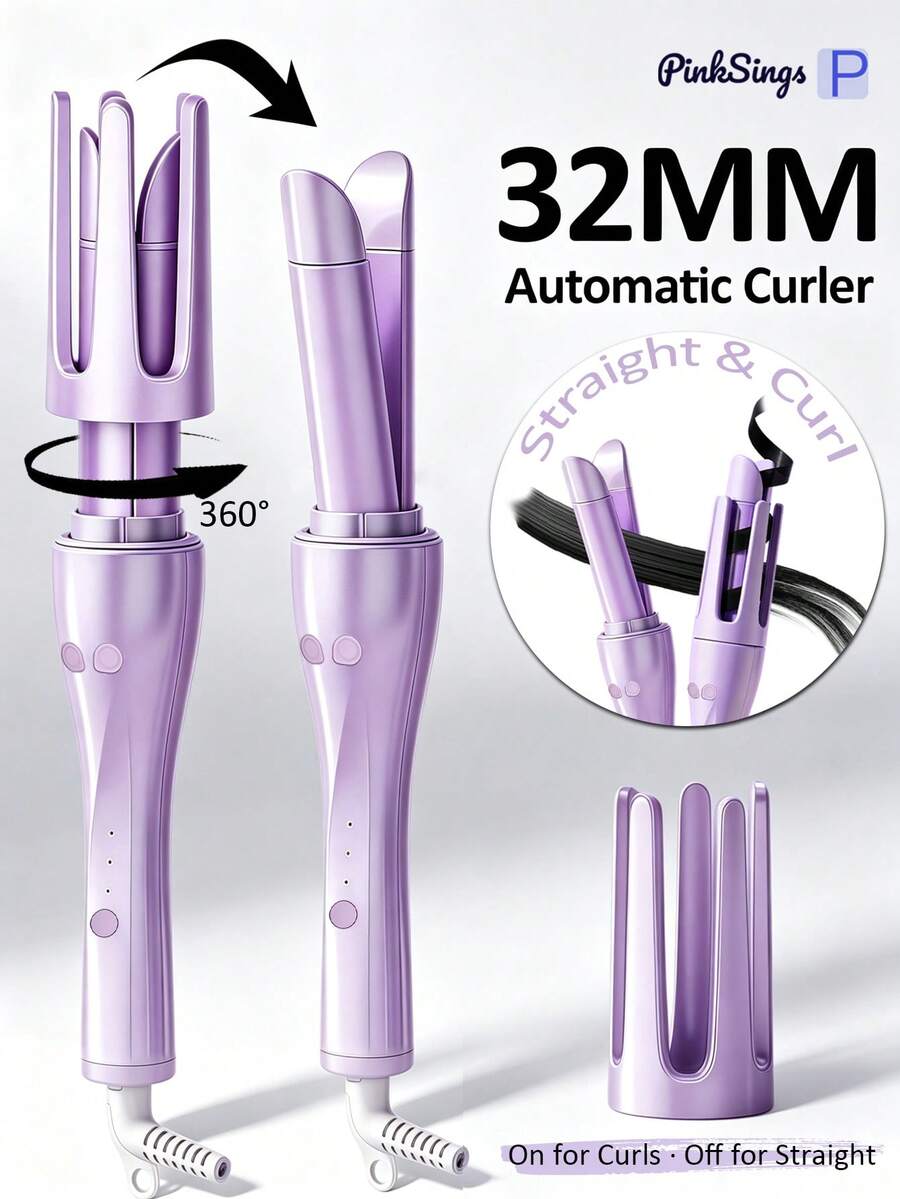 PinkSings Automatic Hair Curler Rotating Curling Iron Straightener And Curler | 2-In-1 Styling Tool, Smart Timer, Ceramic Coating, 3 Temperature Settings, Dual Voltage Travel Compatible - Purple - View 1