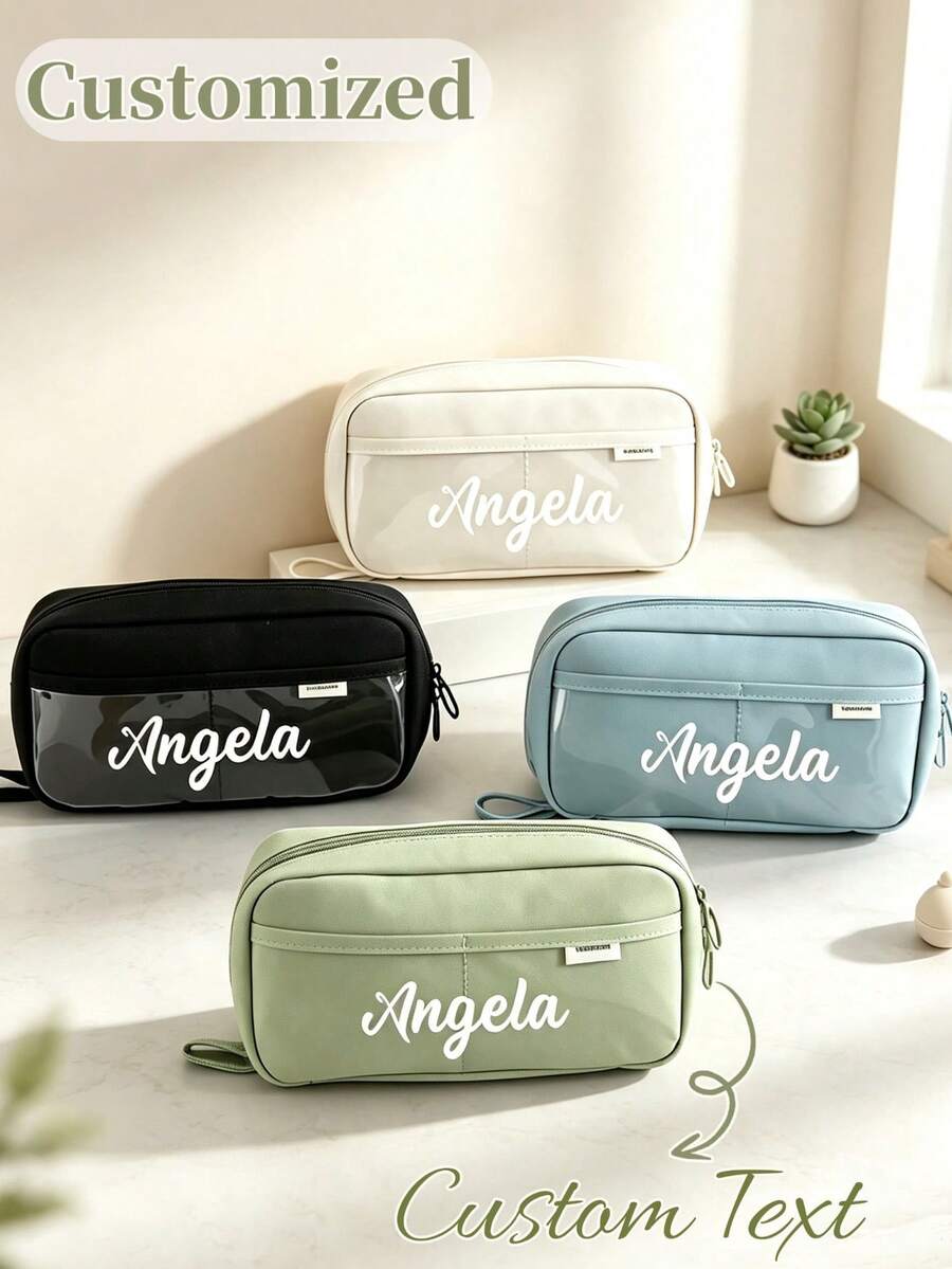 Personalized Custom Name Pencil Case, Transparent Patchwork Large Capacity Pencil Pouch, Portable Stationery Storage Bag For Students - Multicolor - View 1