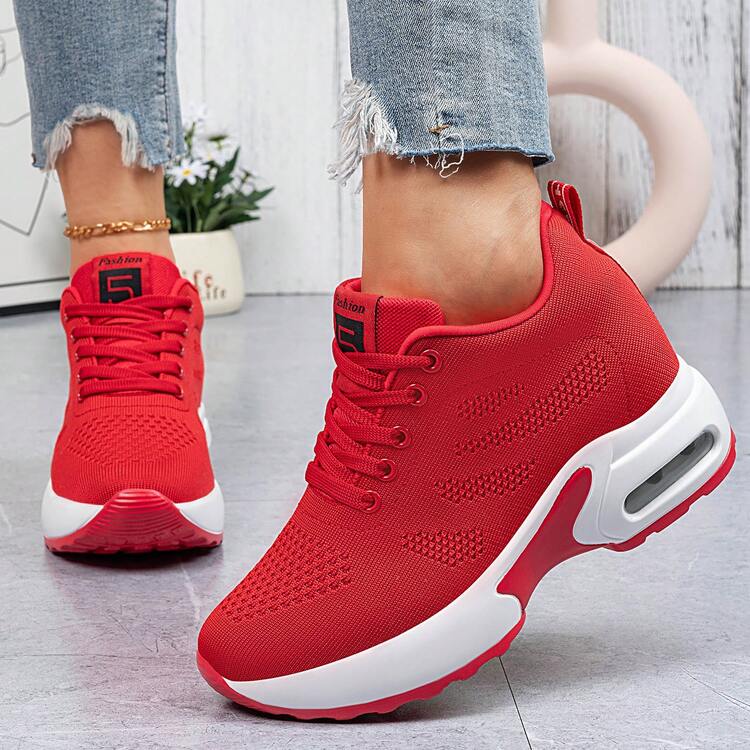 SOSENFER Women's Hidden Wedges Platform,Low Top Lace Up Height Increase Sneakers With Air Cushion,Breathable Mesh Casual Lightweight Shoes All-Season - Red - View 2