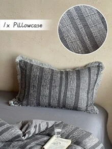 1pc Dark Gray Tufted Tassel Pillowcase, Vintage Distressed Country Style Decorative Throw Pillow Cover, All-Season Home Decor Long Pillowcase, Machine Washable, No Filling - Dark Grey - View 2