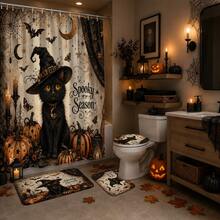 1pc/4pcs Magic Black Cat Pumpkin Pattern Shower Curtain, Halloween Home Decor Printed Bathroom Partition Curtain, Comes With 12 Hooks, Universal Bathroom Accessory, Halloween Vintage Farmhouse Style Bathroom Decor, Single Curtain Available In 150*180cm+180*180cm+180*200cm, 4pcs Set Size (180*180cm+45*75cm+45*38cm+38*45cm) - Magic Black Cat - View 4