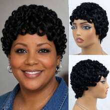 AMECIRE Wig Potongan Pixie, Wig Keriting, Wig Rambut Manusia, Wig Rambut Manusia, Mudah Dipakai, Wig Rambut Pendek dengan Poni, Topi Jala Elastis, Cocok untuk Semua Orang - Natural Black - View 3