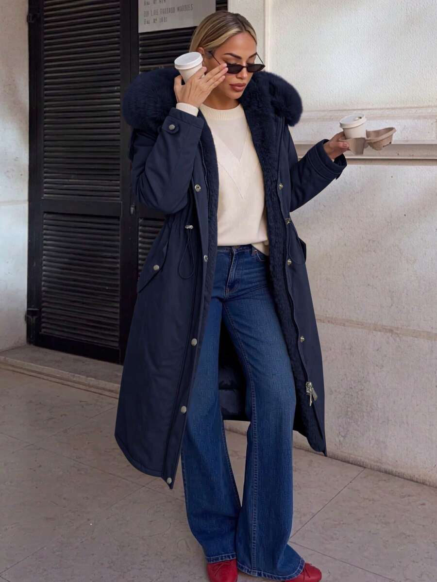 Women's Mid-Length Jacket With Faux Fur Collar And Belt, Suitable For Autumn/Winter