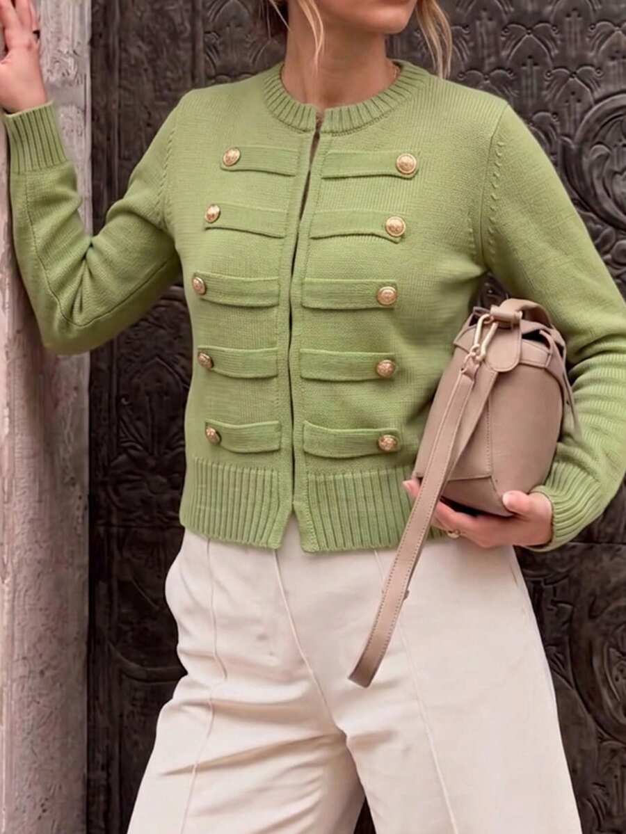Women's Green Military Style Knitted Cardigan Sweater, Gold Buttons, Long Sleeve High Elasticity Pullover, Suitable For Autumn/Winter Wear - Green - View 1