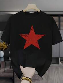 Camiseta de manga corta para hombre con estampado de estrella roja vintage, estilo urbano americano, transpirable, versátil y casual para el verano. - Negro - Ver 1