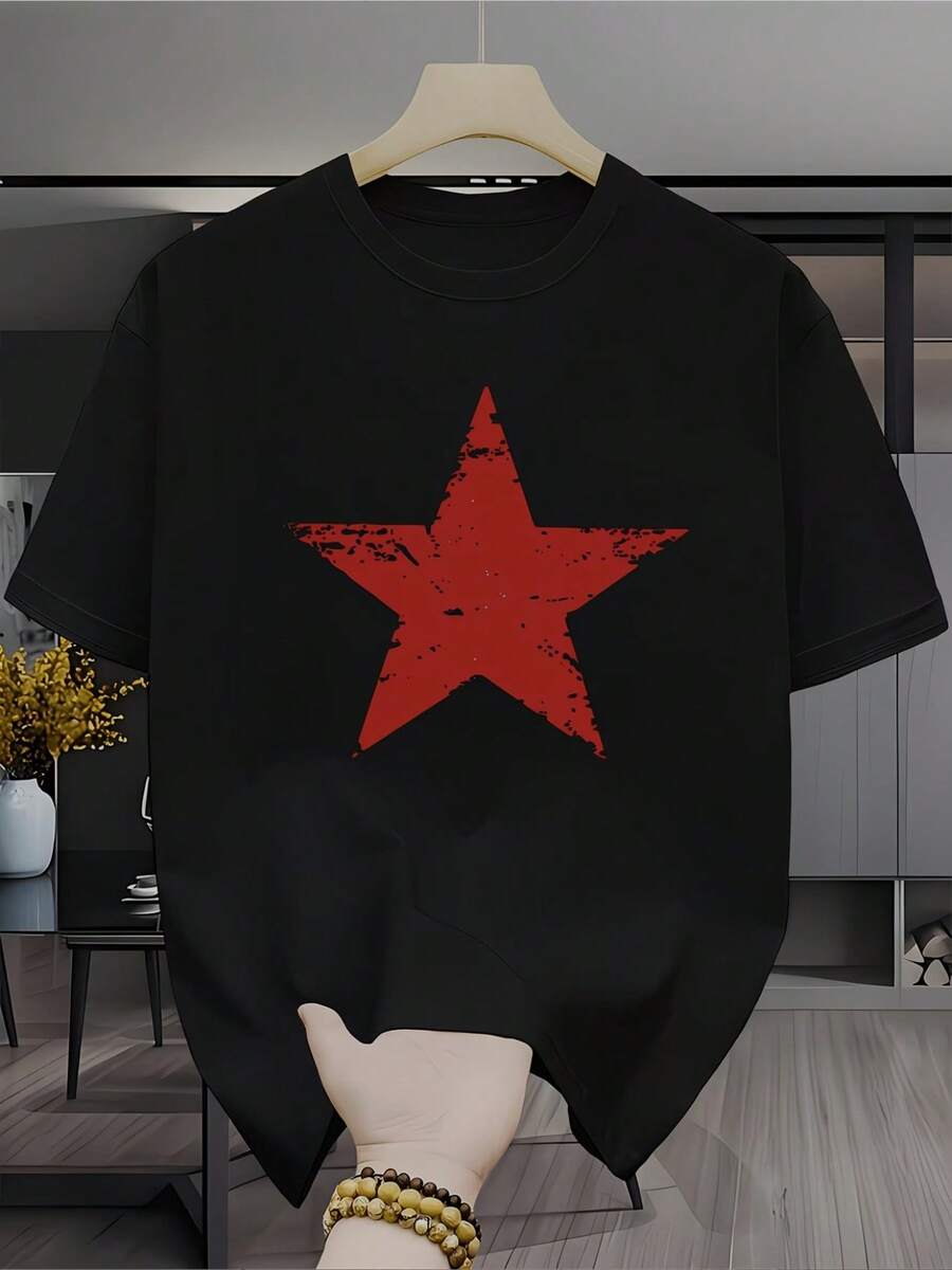 Camiseta de manga corta para hombre con estampado de estrella roja vintage, estilo urbano americano, transpirable, versátil y casual para el verano. - Negro - Ver 1