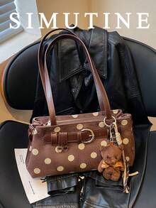 SIMUTINE 1pc Women's Vintage Versatile Classic Baguette Underarm Bag, Featuring Polka Dot Print And Leather Strap With Metal Buckle Decor, Fashionable Niche Atmosphere, Delicate Canvas Fabric, Zipper Closure, Suitable For Young Women's Spring/Autumn Commute, Date, Shopping, Daily Casual Wear (Pendant Not Included) - Coffee - View 2