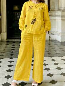 Women's Spring/Autumn Casual Fashion Round Neck Embroidered Long Sleeve Top & Wide Leg Pants 2-Piece Set - Yellow - View 5