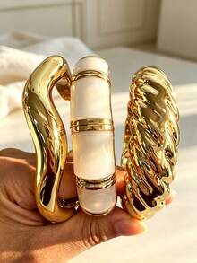 3/1pc Vintage Casual Women's Gold Wave-Shaped CCB And White Drip Oil Wave Twisted Metal Bracelet Set, Suitable For Daily Wear, Beach, Vacation, Date, Party, Wedding, Gift - Multicolor - View 1