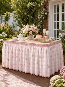 1pc Pink Plaid Print Lace Table Skirt, Fresh Polyester Rectangular Dining Table Apron, Perfect Pleated Tablecloth, Suitable For Camping, Autumn Decor And Party Decoration - Multicolor - View 5