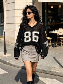 Women's Summer Couples Design Oversized Loose Sports Sweatshirt, Numeric Print Casual Effortless Style Sheer Hollow Knit Top Black Spring - Black - View 2