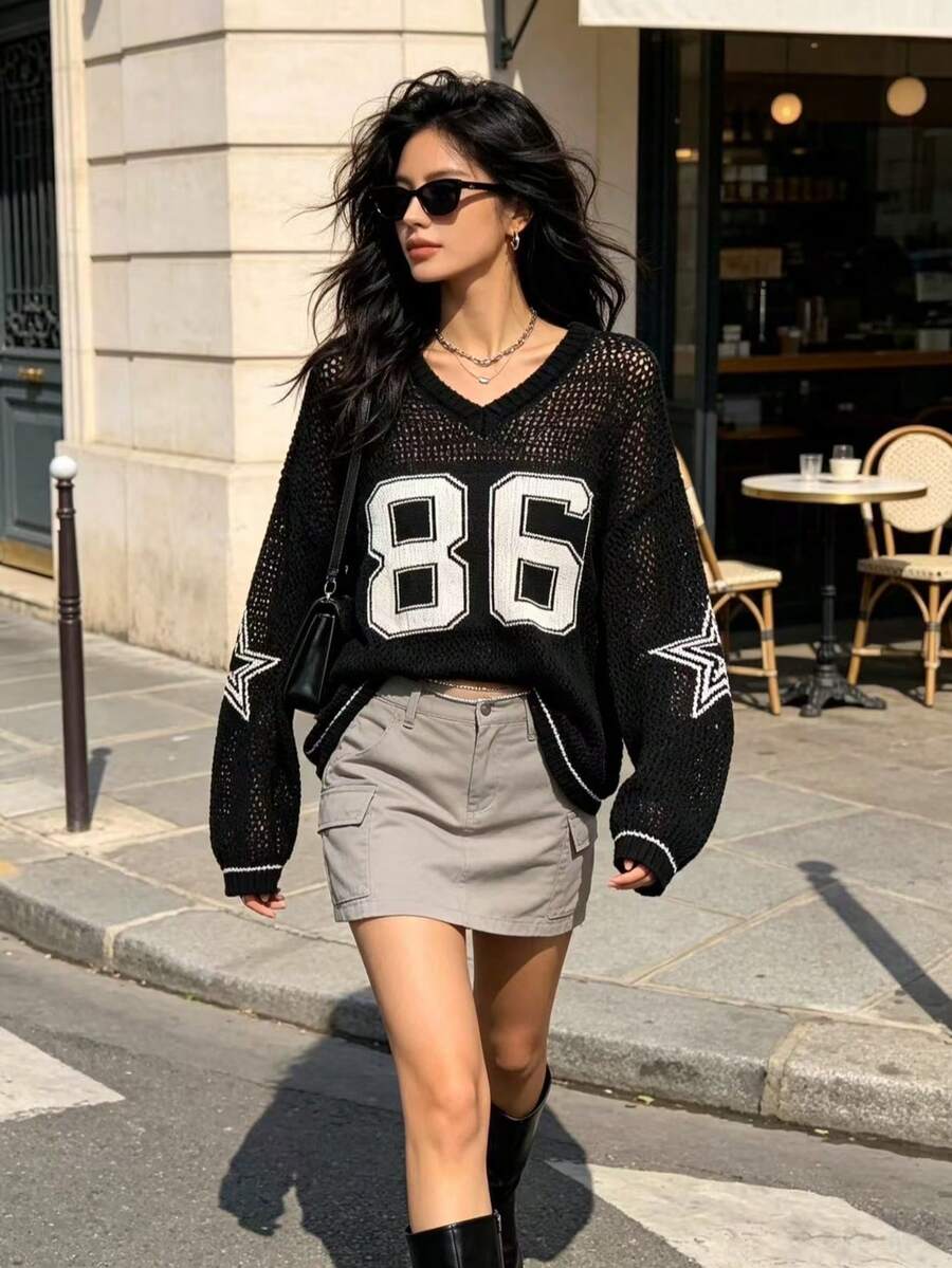 Women's Summer Couples Design Oversized Loose Sports Sweatshirt, Numeric Print Casual Effortless Style Sheer Hollow Knit Top Black Spring