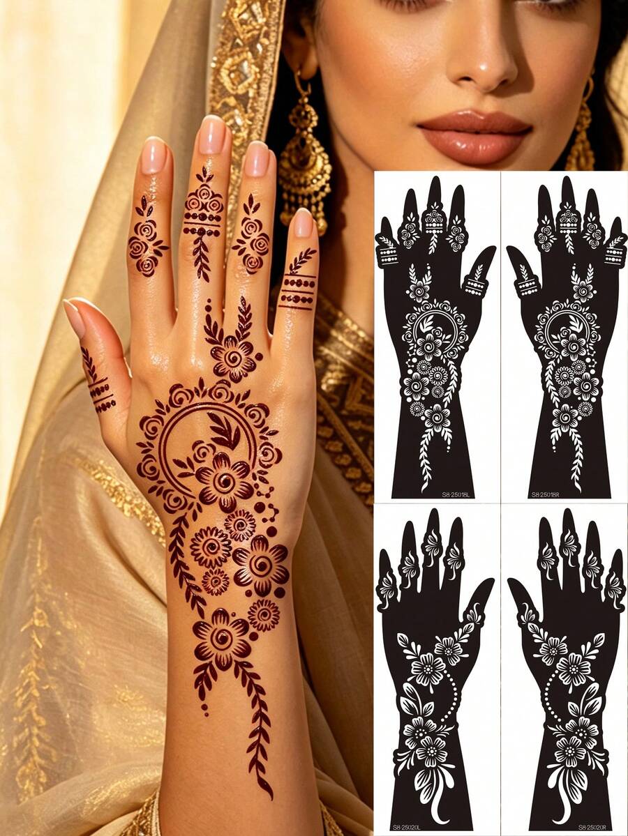 4pcs Henna Tattoo Stencil Set For Left & Right Hands, Traditional Floral Wreath + Fresh Flower Designs, Suitable For Wedding, Eid, Islamic Festivals, Music Festivals, Photoshoot
