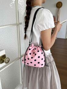 1pc Nylon Solid Color Drawstring Bucket Bag With Plush Pendant Accessory, Fashion Crossbody Shoulder Bag For Women - Pink - View 8
