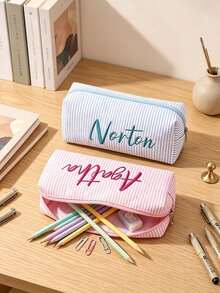 1pc Customized Bubble Fabric Stationery Bag, Jewelry Storage Bag, Embroidered Name Customizable, Fashion Flap Design, Pen Case, Makeup Bag, Coin Purse, Supports Name And Other Text Customization, Multiple Embroidery Thread Colors Available - Multicolor - View 4