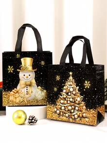 4/8pcs Black & Gold Christmas Gift Bags, Snowman Glitter Non-Woven Fabric Gift Packaging Bags, Holiday New Year Party Supplies, 2026 Home Christmas Decor - Multicolor - View 8