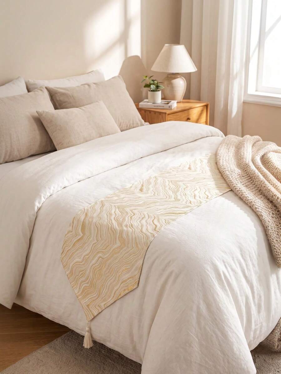 13.8"W X 94.5"L 1pc Cream Style Bedroom Bed Runner, Luxury Red Water Ripple Bed Throw, Bedding Accessory For Homestay Hotel, Dual Use As Table Runner