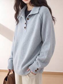Women's Autumn/Winter Casual Minimalist Vintage Style Half-Button Knit Pullover Sweater - Baby Blue - View 5