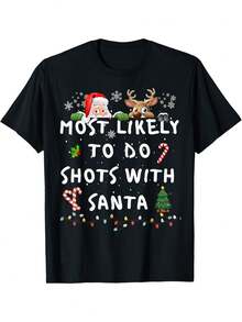 Camiseta de pijama familiar a juego para Navidad - "El más probable de beber con Santa" - Pijama negro de vacaciones con diseño de gorro de Santa y renos - Corte holgado para adultos, divert - Negro - Ver 1