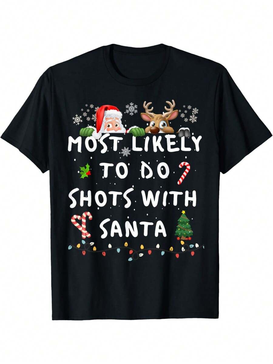 Camiseta de pijama familiar a juego para Navidad - "El más probable de beber con Santa" - Pijama negro de vacaciones con diseño de gorro de Santa y renos - Corte holgado para adultos, divert - Negro - Ver 1