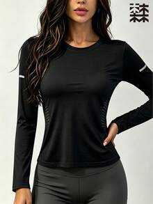 mulinsen Women's Slim Fit Quick-Dry Sports T-Shirt, Round Neck Dotted Print Fitness Running Short Sleeve Top - Black - View 3