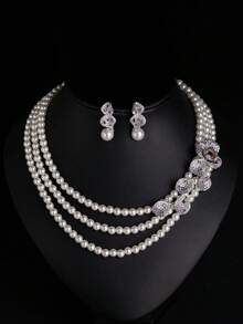 1set Multi-Layer Beaded Necklace + Earrings, Floral Set, Elegant Accessories For Women, Women's Jewelry Set, Pearl, Zirconia Decor, Premium Gift For Women - Jewelry Sets - View 14