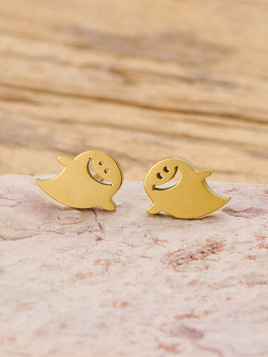 1 Pair Minimalist Golden Smiling Ghost Stud Earrings Stainless Steel Cute Tiny Cartoon Ghost Daily Wear Halloween Earrings - GED884 - View 1
