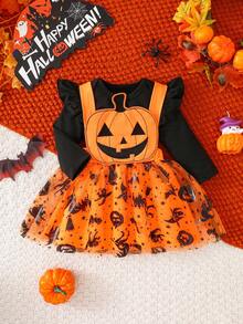 Halloween Baby Girl Spring/Autumn Party Cartoon Pumpkin Mesh Full Print Embroidered Long Sleeve Bodysuit + Skirt 2pcs Set - Orange - View 2