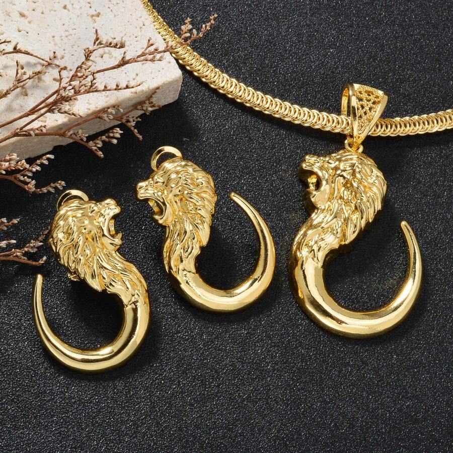 3pcs/Set Retro 18K Gold Plated 3D Sculpted Lion Head Crescent Moon Pendant Snake Choker Necklace Earrings For Women Daily Party Wear - Gold - View 1