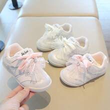 Girls' Lace Rhinestone Bow White Sneakers, 2026 New Soft Sole Hook & Loop Princess Style Casual Training Board Shoes - Beige - View 2