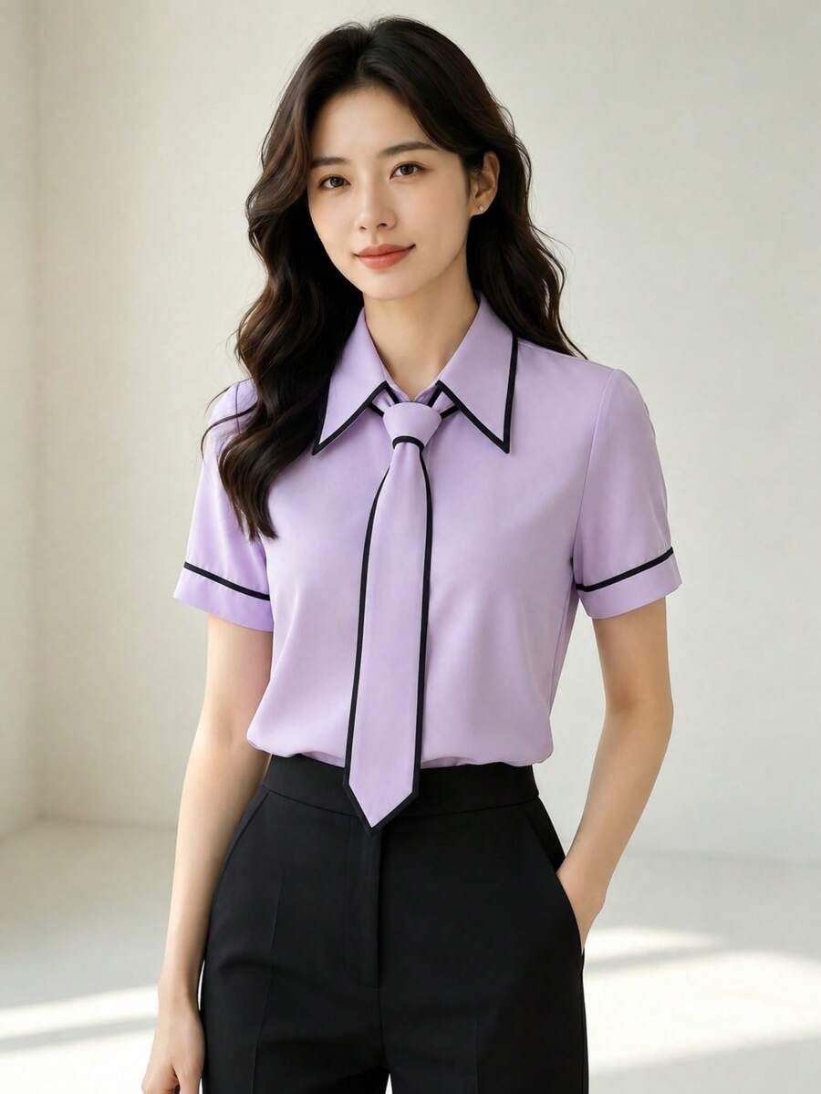 YUXIN 女款修身黑色襯衫，黑白對比蝴蝶結裝飾，經典翻領短袖優雅商務休閒上衣，春夏辦公休閒穿搭