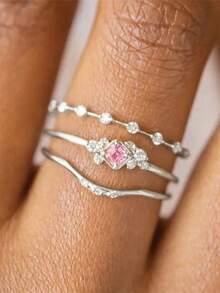 3pcs Set Elegant Cubic Zirconia Rings For Women, Wedding Engagement Party Jewelry, Valentine's Day Gift - Silver - View 8